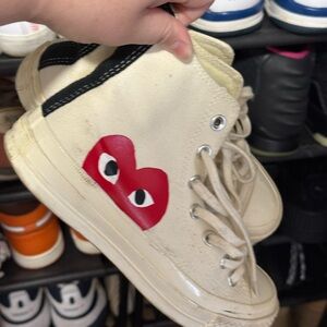 Comme des Garcons PLAY Cream and Red High-Top Sneakers